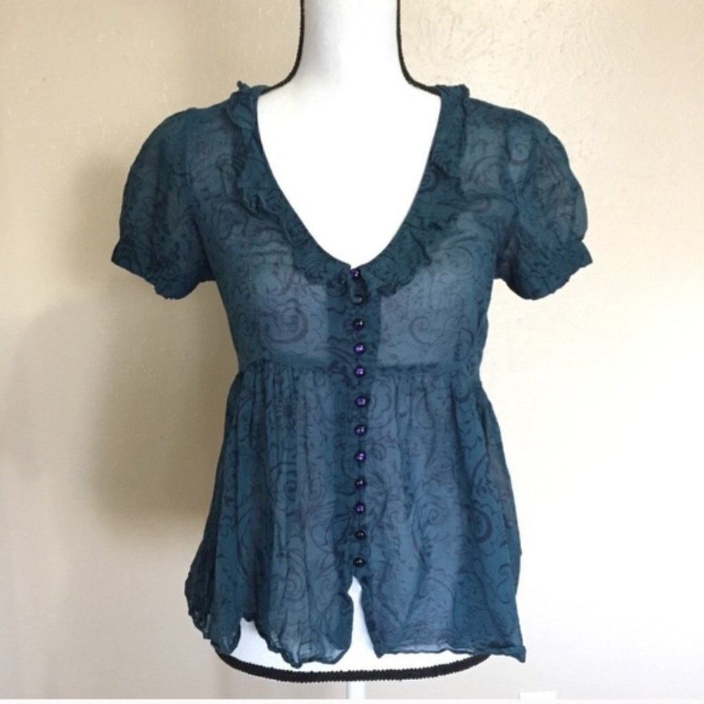 Anthropologie Odille Teal Ruffle Babydoll Blouse Size 6 / SMALL